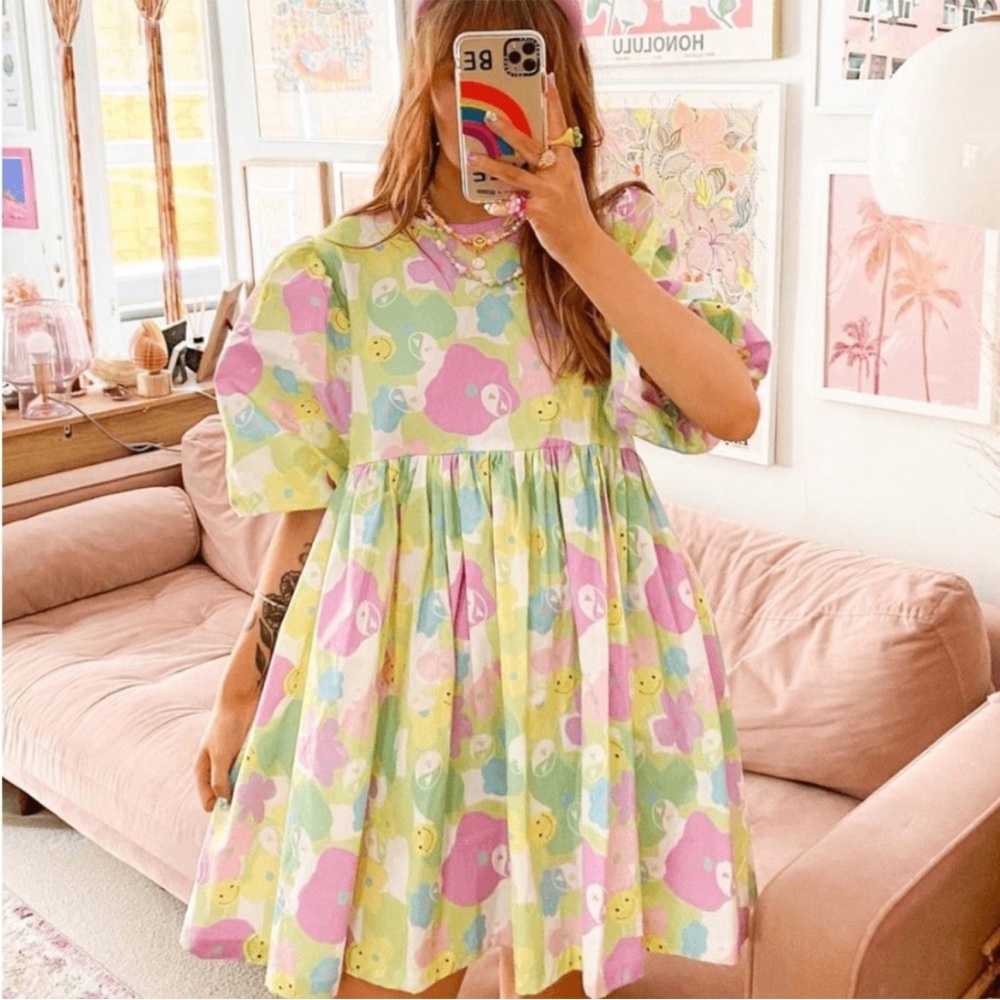 Megan Crosby Olive Mini Dress Multicolor smiley face pattern - Picture 2 of 15